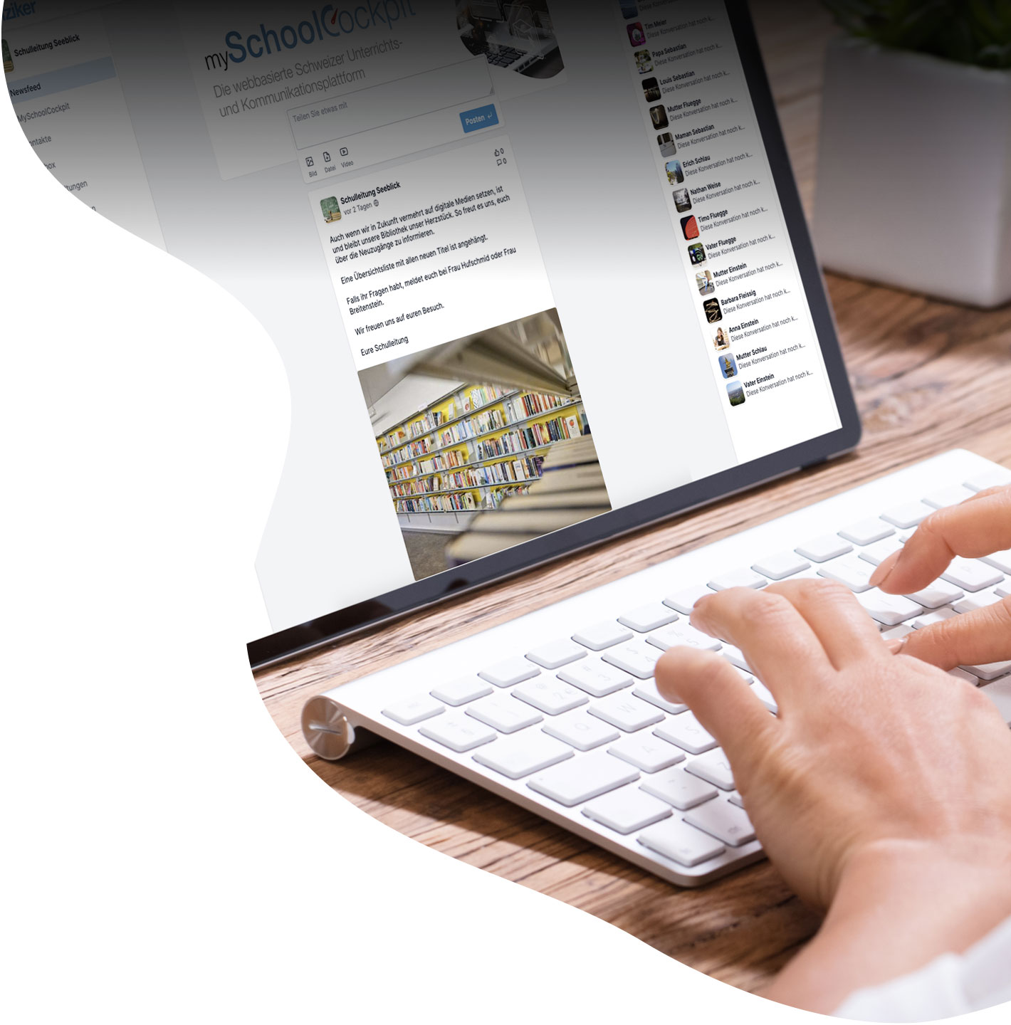 Une personne à l'ordinateur lit et édite des contenus sur mySchool Portal.
